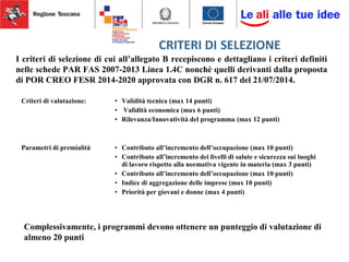 CRITERI DI SELEZIONE
I criteri di selezione di cui all’allegato B recepiscono e dettagliano i criteri definiti
nelle schede PAR FAS 2007-2013 Linea 1.4C nonchè quelli derivanti dalla proposta
di POR CREO FESR 2014-2020 approvata con DGR n. 617 del 21/07/2014.
Complessivamente, i programmi devono ottenere un punteggio di valutazione di
almeno 20 punti
Parametri di premialità • Contributo all’incremento dell’occupazione (max 10 punti)
• Contributo all’incremento dei livelli di salute e sicurezza sui luoghi
di lavoro rispetto alla normativa vigente in materia (max 3 punti)
• Contributo all’incremento dell’occupazione (max 10 punti)
• Indice di aggregazione delle imprese (max 10 punti)
• Priorità per giovani e donne (max 4 punti)
Criteri di valutazione: • Validità tecnica (max 14 punti)
• Validità economica (max 6 punti)
• Rilevanza/Innovatività del programma (max 12 punti)
 