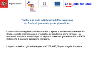 Tipologia di aiuto ed intensità dell’agevolazione
del fondo di garanzia imprese giovanili, ecc.
Concessione di una garanzia senza oneri o spese a carico del richiedente -
diretta, esplicita, incondizionata e irrevocabile ed escutibile a prima richiesta – su
operazioni finanziarie ammesse per un importo massimo garantito fino all’80%
dell’importo di ciascuna operazione finanziaria.
L’importo massimo garantito è pari a € 250.000,00 per singola impresa.
 