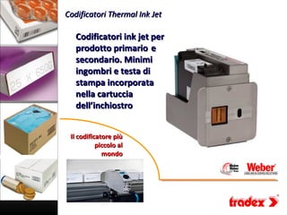 Codificatori Thermal Ink Jet

   Codificatori ink jet per
   prodotto primario e
   secondario. Minimi
   ingombri e testa di
   stampa incorporata
   nella cartuccia
   dell’inchiostro


 Il codificatore più
           piccolo al
             mondo
 