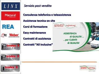 Servizio post vendita

Consulenza telefonica e teleassistenza
Assistenza tecnica on site
Corsi di formazione
Easy maintenance
Contratti di assistenza
Contratti “All Inclusive”
 