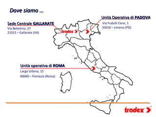 Dove siamo …
                                  Unità Operativa di PADOVA
Sede Centrale GALLARATE           Via Fratelli Cervi, 1
Via Bettolino, 27                 35010 – Limena (PD)
21013 – Gallarate (VA)




        Unità operativa di ROMA
        Largo Urbino, 15
        00040 – Pomezia (Roma)
 