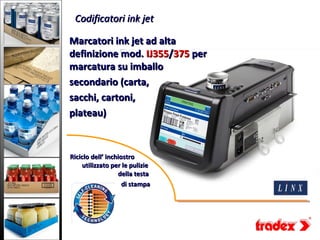 Codificatori ink jet

Marcatori ink jet ad alta
definizione mod. IJ355/375 per
marcatura su imballo
secondario (carta,
sacchi, cartoni,
plateau)



Riciclo dell’ inchiostro
     utilizzato per le pulizie
                  della testa
                    di stampa
 