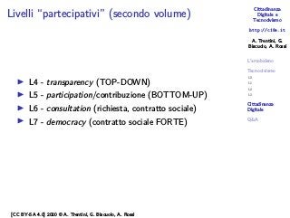 Cittadinanza
Digitale e
Tecnocivismo
http://c18e.it
A. Trentini, G.
Biscuolo, A. Rossi
L’arcobaleno
Tecnocivismo
L0
L1
L2
L3
Cittadinanza
Digitale
Q&A
Livelli “partecipativi” (secondo volume)
▶ L4 - transparency (TOP-DOWN)
▶ L5 - participation/contribuzione (BOTTOM-UP)
▶ L6 - consultation (richiesta, contratto sociale)
▶ L7 - democracy (contratto sociale FORTE)
[CC BY-SA 4.0] 2020 © A. Trentini, G. Biscuolo, A. Rossi
 