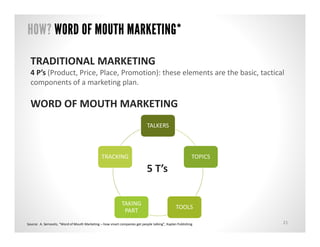HOW? WORD OF MOUTH MARKETING*

  TRADITIONAL MARKETING
  4 P’s (Product, Price, Place, Promotion): these elements are the ...