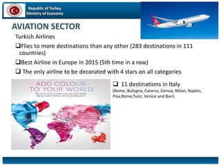 Republic of Turkey
Ministry of Economy
AVIATION SECTOR
Turkish Airlines
Flies to more destinations than any other (283 destinations in 111
countries)
Best Airline in Europe in 2015 (5th time in a row)
 The only airline to be decorated with 4 stars on all categories
 11 destinations in Italy
(Rome, Bologna, Catania, Genoa, Milan, Naples,
Pisa,Rome,Tulin, Venice and Bari)
 