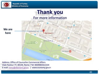 Republic of Turkey
Ministry of Economy
40
Thank you
For more information
Address: Office of Councellor Commercial Affairs
Viale Pasteur 77, 00144, Rome / Tel: 0039065922334
E-mail: roma@ekonomi.gov.tr / www.economy.gov.tr
21
We are
here
 