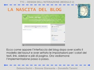 TTC C DESIGN DELLINTERAZIONE (MODULO 2) Debora Gerini C Simone Giansante C Donatella Tansini LA NASCITA DEL BLOG Ecco come appare linterfaccia del blog dopo aver scelto il modello del layout e aver settato le impostazioni per i colori dei testi, link, sidebar e pi di pagina. Ora vediamone limplementazione passo a passo. 