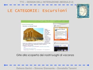 TTC C DESIGN DELLINTERAZIONE (MODULO 2) Debora Gerini C Simone Giansante C Donatella Tansini LE CATEGORIE: Escursioni Gite alla scoperta dei nostri luoghi di vacanza 