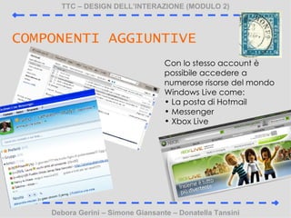 TTC C DESIGN DELLINTERAZIONE (MODULO 2) Debora Gerini C Simone Giansante C Donatella Tansini COMPONENTI AGGIUNTIVE Con lo stesso account  possibile accedere a numerose risorse del mondo Windows Live come: La posta di Hotmail Messenger Xbox Live 