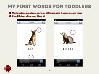 My First words for toddlers
- Navigazione ambigua, varia se all’immagine è associato un verso
- Uso di fotografie e non di...