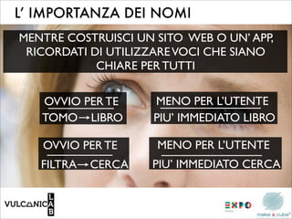L’ IMPORTANZA DEI NOMI
MENTRE COSTRUISCI UN SITO WEB O UN’ APP,
 RICORDATI DI UTILIZZARE VOCI CHE SIANO
            CHIARE PER TUTTI

   OVVIO PER TE      MENO PER L’UTENTE
   TOMO LIBRO        PIU’ IMMEDIATO LIBRO

   OVVIO PER TE      MENO PER L’UTENTE
   FILTRA   CERCA   PIU’ IMMEDIATO CERCA
 