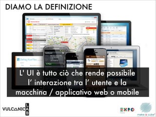DIAMO LA DEFINIZIONE




   L' UI è tutto ciò che rende possibile
      l’ interazione tra l’ utente e la
  macchina / applicativo web o mobile
 