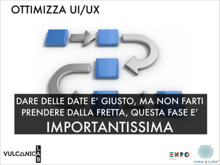 OTTIMIZZA UI/UX




DARE DELLE DATE E’ GIUSTO, MA NON FARTI
 PRENDERE DALLA FRETTA, QUESTA FASE E’
      IMPORTANTISSIMA
 