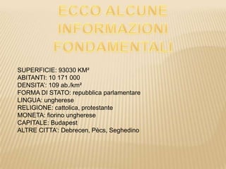 SUPERFICIE: 93030 KM²
ABITANTI: 10 171 000
DENSITA’: 109 ab./km²
FORMA DI STATO: repubblica parlamentare
LINGUA: ungherese
RELIGIONE: cattolica, protestante
MONETA: fiorino ungherese
CAPITALE: Budapest
ALTRE CITTA’: Debrecen, Pècs, Seghedino
 