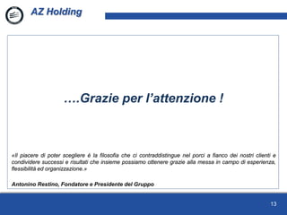 1
AZ Holding
….Grazie per l’attenzione !
13
«Il piacere di poter scegliere è la filosofia che ci contraddistingue nel porci a fianco dei nostri clienti e
condividere successi e risultati che insieme possiamo ottenere grazie alla messa in campo di esperienza,
flessibilità ed organizzazione.»
Antonino Restino, Fondatore e Presidente del Gruppo
 