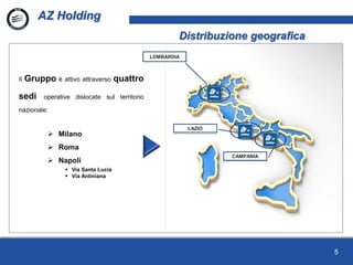 5
Il Gruppo è attivo attraverso quattro
sedi operative dislocate sul territorio
nazionale:
 Milano
 Roma
 Napoli
 Via Santa Lucia
 Via Antiniana
AZ Holding
Distribuzione geografica
LOMBARDIA
LAZIO
CAMPANIA
 