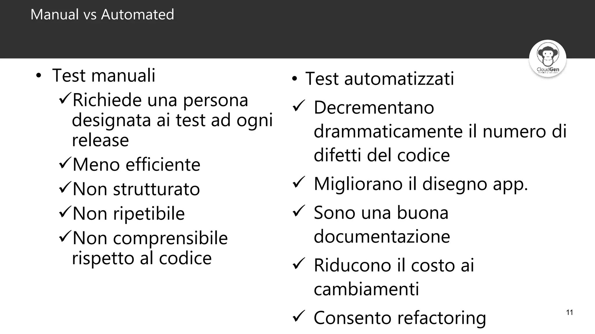 11
Manual vs Automated
• Test automatizzati
 Decrementano
drammaticamente il numero di
difetti del codice
 Migliorano il disegno app.
 Sono una buona
documentazione
 Riducono il costo ai
cambiamenti
 Consento refactoring
• Test manuali
Richiede una persona
designata ai test ad ogni
release
Meno efficiente
Non strutturato
Non ripetibile
Non comprensibile
rispetto al codice
 