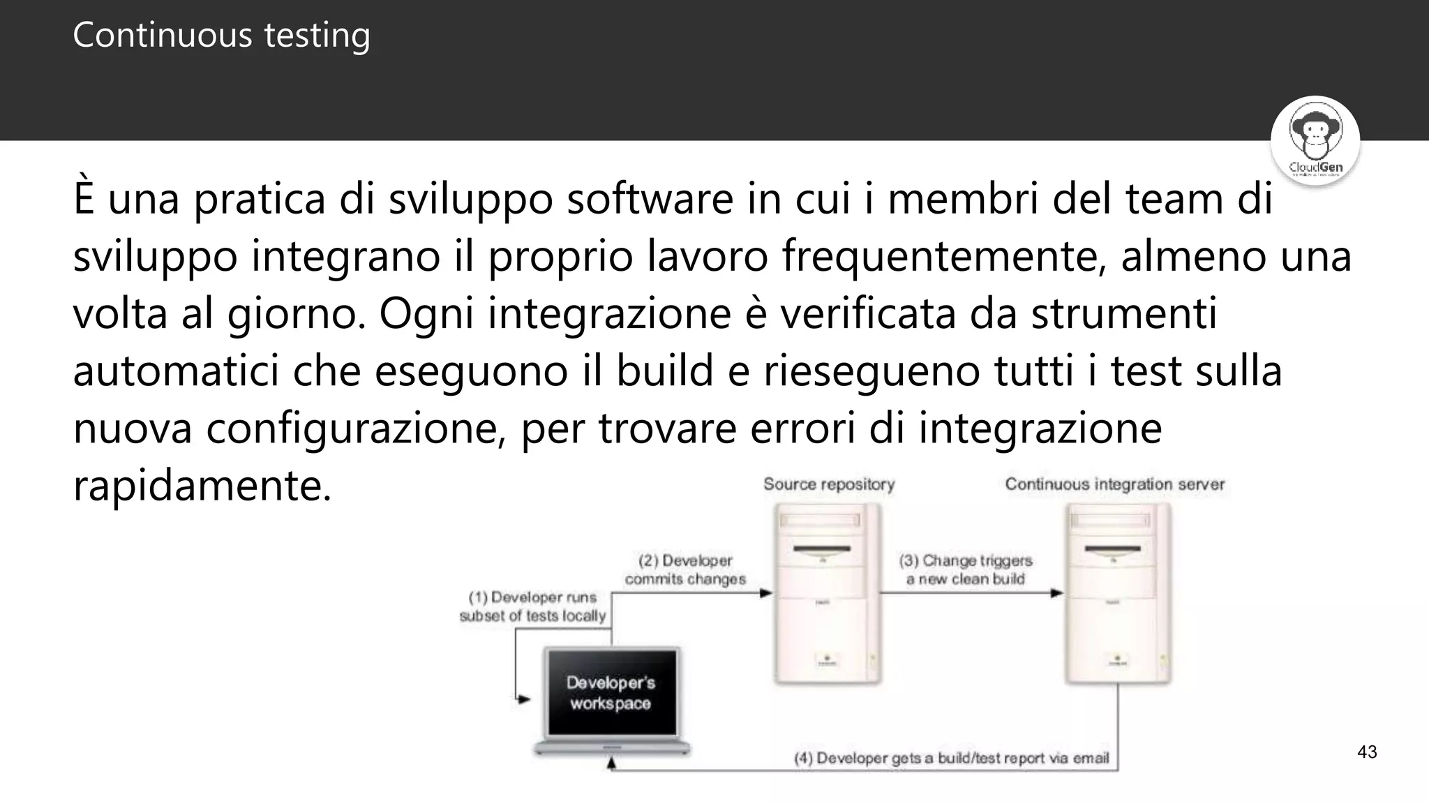 43
Continuous testing
È una pratica di sviluppo software in cui i membri del team di
sviluppo integrano il proprio lavoro frequentemente, almeno una
volta al giorno. Ogni integrazione è verificata da strumenti
automatici che eseguono il build e riesegueno tutti i test sulla
nuova configurazione, per trovare errori di integrazione
rapidamente.
 