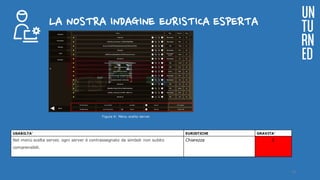 LA NOSTRA INDAGINE EURISTICA ESPERTA
UN
TU
RN
ED
USABILTA’ EURISTICHE GRAVITA’
Nel menù scelta server, ogni server è contrassegnato da simboli non subito
comprensibili.
Chiarezza 5
Figura 4: Menu scelta server
14
 