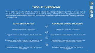 FASE DI SCREENING
CAMPIONE PLAYTEST
6 soggetti (4 maschi e 2 femmine)
I soggetti hanno un età compresa dai 18 ai 30 anni
I giocatori sono hardcore gamers che giocano da più
o almeno tre anni a giochi in prima persona
I giocatori giocano dalle 2 a più di 4 ore al giorno ai
videogames.
CAMPIONE CROWD SOURCING
3 soggetti (2 maschi e 1 femmina)
I soggetti hanno un’età compresa dai 18 ai 30 anni
I giocatori sono hardcore gamers che giocano da
almeno tre anni a giochi in prima persona
I giocatori giocano dalle 2 alle 3 al giorno ai
videogames
Preso atto delle caratteristiche del mercato attuale dei videogiochi (gaming online in Europa 55% di
cui 45% maschi e 45% femmine con età media 35 anni) e delle peculiarità del genere survival che
abbiamo precedentemente delineato, il campione selezionato per la valutazione partecipata risulta
così composto:
UN
TU
RN
ED
16
 
