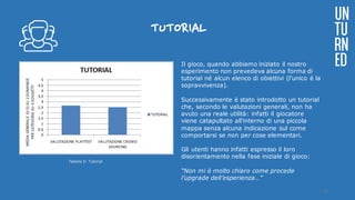 TUTORIAL
Il gioco, quando abbiamo iniziato il nostro
esperimento non prevedeva alcuna forma di
tutorial né alcun elenco di obiettivi (l'unico è la
sopravvivenza).
Successivamente è stato introdotto un tutorial
che, secondo le valutazioni generali, non ha
avuto una reale utilità: infatti il giocatore
viene catapultato all'interno di una piccola
mappa senza alcuna indicazione sul come
comportarsi se non per cose elementari.
Gli utenti hanno infatti espresso il loro
disorientamento nella fase iniziale di gioco:
“Non mi è molto chiaro come procede
l’upgrade dell’esperienza…”
UN
TU
RN
ED
Tabella 5: Tutorial
22
 