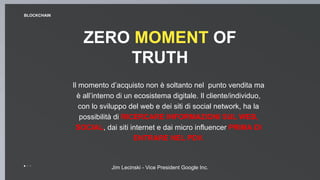 ZERO MOMENT OF
TRUTH
Il momento d’acquisto non è soltanto nel punto vendita ma
è all’interno di un ecosistema digitale. Il cliente/individuo,
con lo sviluppo del web e dei siti di social network, ha la
possibilità di RICERCARE INFORMAZIONI SUL WEB,
SOCIAL, dai siti internet e dai micro influencer PRIMA DI
ENTRARE NEL PDV.
BLOCKCHAIN
Jim Lecinski - Vice President Google Inc.
 