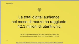 La total digital audience
nel mese di marzo ha raggiunto
42,3 milioni di utenti unici
Pari al 70,8% della popolazione dai 2 anni in su, circa 3 italiani su 4
online complessivamente per 87 ore e 19 minuti [3 giorni e 15 ore]
BLOCKCHAIN
http://www.audiweb.it/news/comunicati-stampa/total-digital-audience-Marzo-2019.html
 