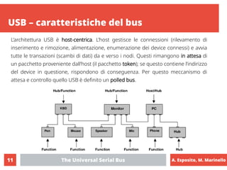 A. Esposito, M. Marinello
The Universal Serial Bus
11
USB – caratteristiche del bus
L’architettura USB è host-centrica. L’...