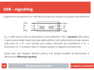 A. Esposito, M. Marinello
The Universal Serial Bus
13
USB – signaling
VBUS e GND sono le linee di alimentazione (nominalme...