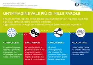 ILVISUAL CONTENT MARKETING
Come coinvolgere il vostro pubblico con i contenuti visuali.
Il nostro cervello risponde in maniera più veloce agli stimoli visivi rispetto a quelli orali
e gli stessi hanno un potere evocativo immediato.
Oggi assistiamo ad un largo uso di contenuti visuali perché essi sono in grado di:
UN’IMMAGINE VALE PIÙ DI MILLE PAROLE
COINVOLGERE EMOZIONARE CONDIVIDERE RACCONTARE
Ci sentiamo coinvolti
vedendo e provando
le sensazioni che
un’immagine o un video
riesco a trasmetterci
Grazie al
coinvolgimento e
alle emozioni che
proviamo siamo spinti a
condividere con gli altri
le nostre esperienze.
Lo stimolo visivo è in
grado di suscitare in noi
emozioni in maniera
più forte e immediata
rispetto a qualsiasi altro
canale di comunicazione
Lo storytelling risulta
più forte ed efficace se
vengono utilizzati dei
contenuti visivi.
 