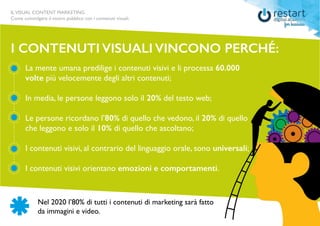 ILVISUAL CONTENT MARKETING
Come coinvolgere il vostro pubblico con i contenuti visuali.
I CONTENUTI VISUALI VINCONO Perché:
Nel 2020 l’80% di tutti i contenuti di marketing sarà fatto
da immagini e video.
La mente umana predilige i contenuti visivi e li processa 60.000
volte più velocemente degli altri contenuti;
In media, le persone leggono solo il 20% del testo web;
Le persone ricordano l’80% di quello che vedono, il 20% di quello
che leggono e solo il 10% di quello che ascoltano;
I contenuti visivi, al contrario del linguaggio orale, sono universali;
I contenuti visivi orientano emozioni e comportamenti.
 