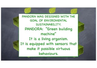 PANDORA WAS DESIGNED WITH THE
    GOAL OF ENVIROMENTAL
       SUSTAINABILITY.
   PANDORA: “Green building
             machine”
      It is a living organism.
It is equipped with sensors that
    make it possible virtuous
            behaviours.
 
