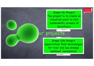 Green Oil Project
         The project is to create an
           industrial plant to test
           sostenability process of
                 bioreﬁnery

.... our projects
             Green Site Project
       Supercritical ﬂuid technologies
          for river and sea dredge
            sediment remediation
 