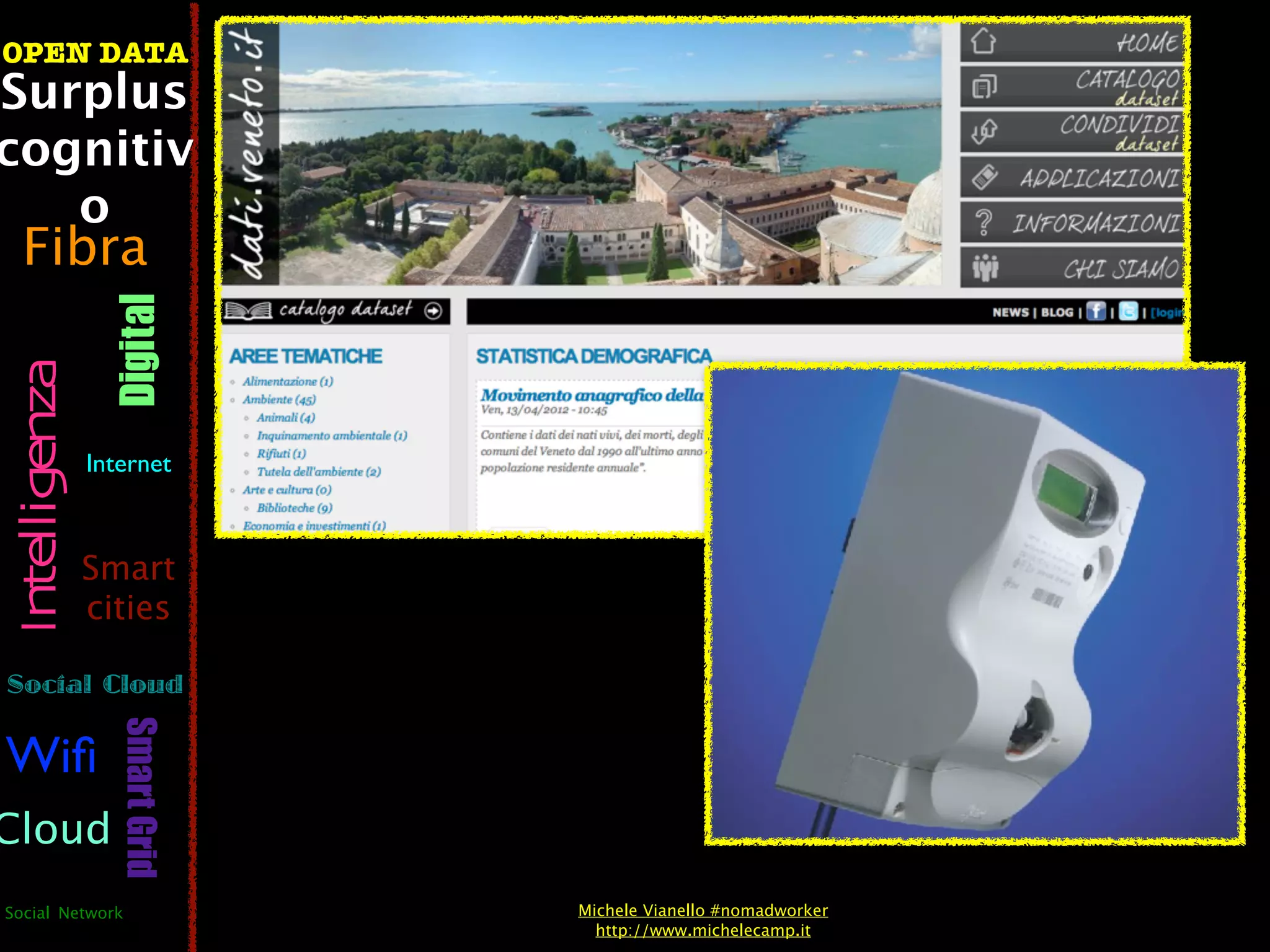 OPEN DATA
Surplus
cognitiv
   o
  Fibra
                  Digital
 Intelligenza




                Internet



                Smart
                cities

Social Cloud
                   Smart Grid




Wiﬁ
Cloud
Social Network                  Michele Vianello #nomadworker
                                  http://www.michelecamp.it
 
