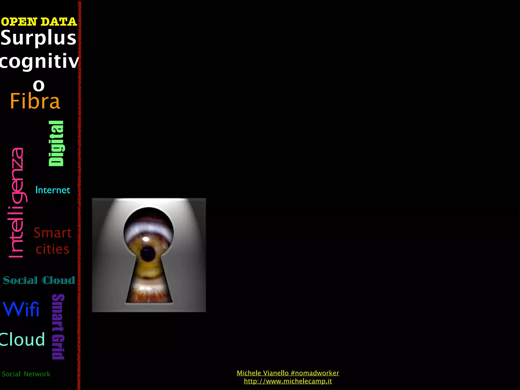 OPEN DATA
Surplus
cognitiv
   o
  Fibra
                  Digital
 Intelligenza




                Internet



                Smart
                cities

Social Cloud
                   Smart Grid




Wiﬁ
Cloud
Social Network                  Michele Vianello #nomadworker
                                  http://www.michelecamp.it
 