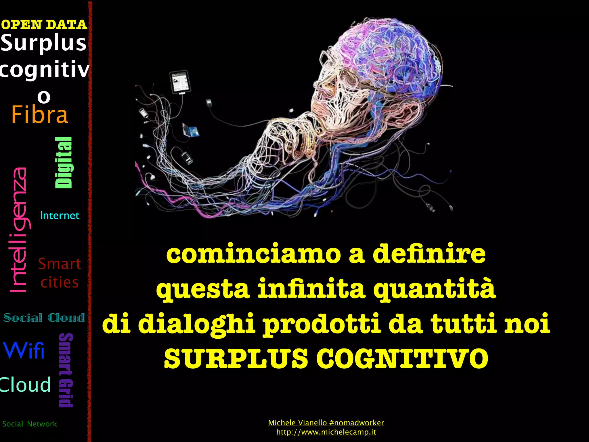 OPEN DATA
Surplus
cognitiv
   o
  Fibra
                  Digital
 Intelligenza




                Internet



                Smart                cominciamo a deﬁnire
                cities
                                    questa inﬁnita quantità
Social Cloud
                                di dialoghi prodotti da tutti noi
                   Smart Grid




Wiﬁ                                  SURPLUS COGNITIVO
Cloud
Social Network                              Michele Vianello #nomadworker
                                              http://www.michelecamp.it
 