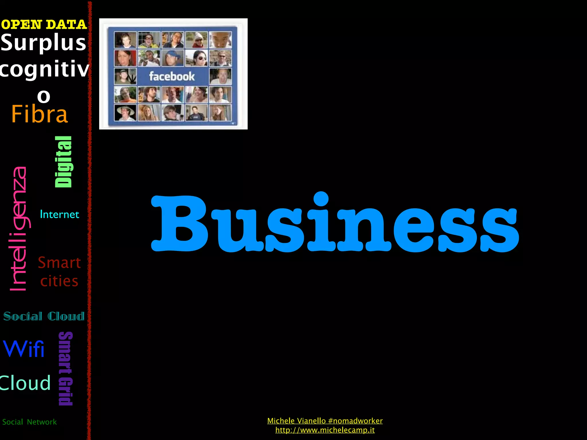 OPEN DATA
Surplus
cognitiv
   o
  Fibra
                  Digital
 Intelligenza




                Internet



                Smart
                cities
                                Business
Social Cloud
                   Smart Grid




Wiﬁ
Cloud
Social Network                    Michele Vianello #nomadworker
                                    http://www.michelecamp.it
 
