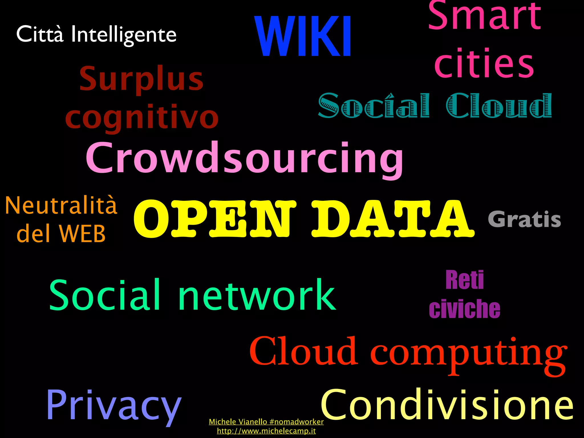 Smart
 Città Intelligente
                                 WIKI                 cities
       Surplus
      cognitivo                                  Social Cloud
        Crowdsourcing
Neutralità
 del WEB      OPEN DATA                                    Gratis

                                                        Reti
    Social network                                    civiche
              Cloud computing
    Privacy      Condivisione
                      Michele Vianello #nomadworker
                        http://www.michelecamp.it
 
