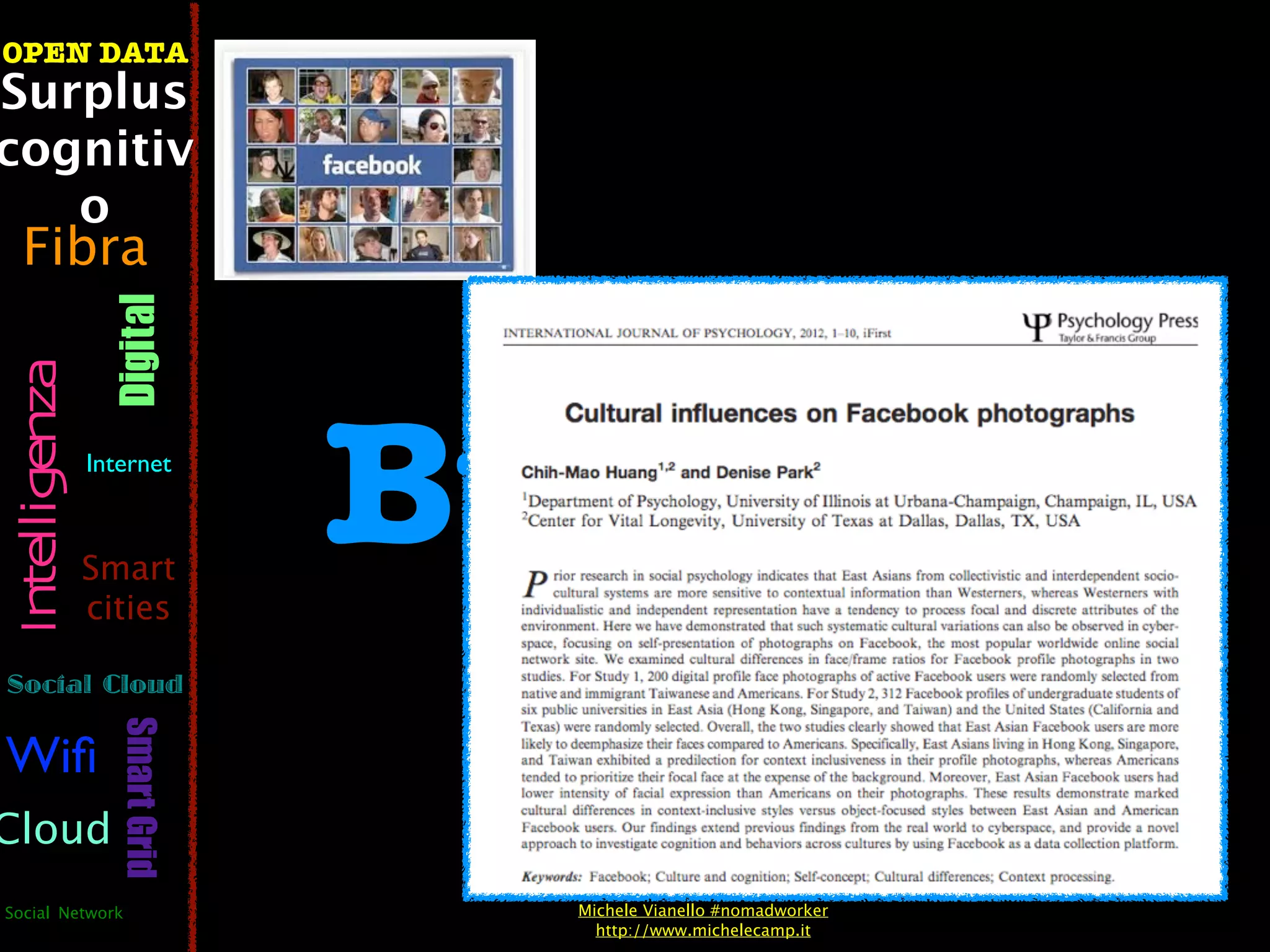OPEN DATA
Surplus
cognitiv
   o
  Fibra
                  Digital
 Intelligenza




                Internet



                Smart
                cities
                                Business
Social Cloud
                   Smart Grid




Wiﬁ
Cloud
Social Network                    Michele Vianello #nomadworker
                                    http://www.michelecamp.it
 