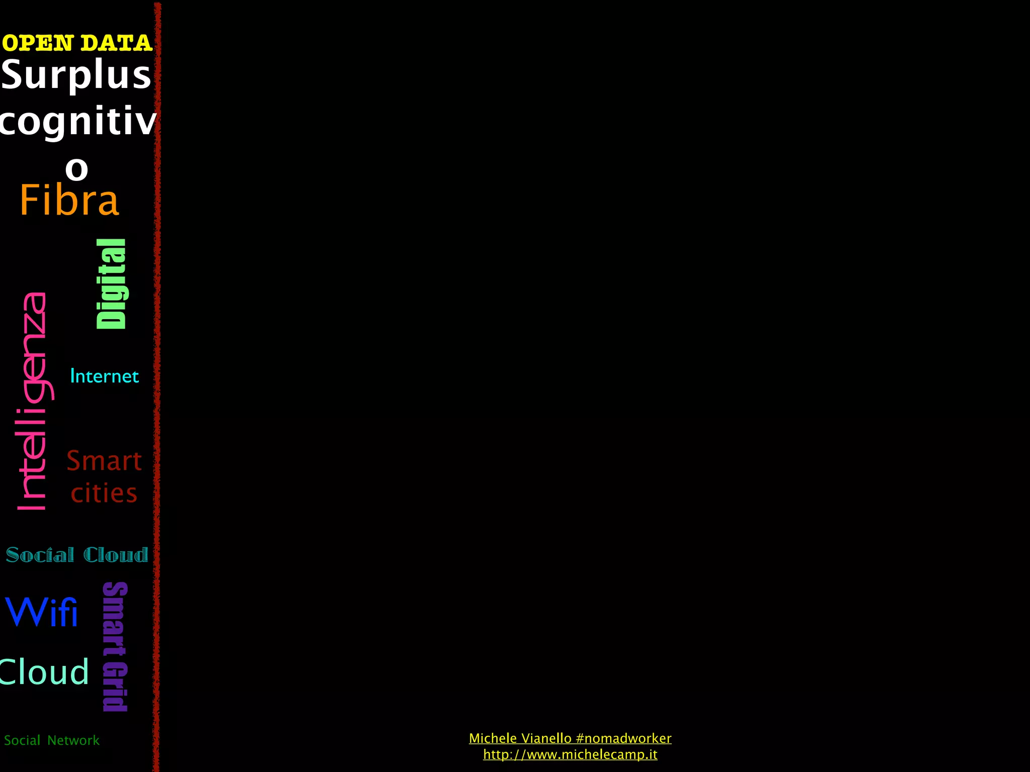 OPEN DATA
Surplus
cognitiv
   o
  Fibra
                  Digital
 Intelligenza




                Internet



                Smart
                cities

Social Cloud
                   Smart Grid




Wiﬁ
Cloud
Social Network                  Michele Vianello #nomadworker
                                  http://www.michelecamp.it
 
