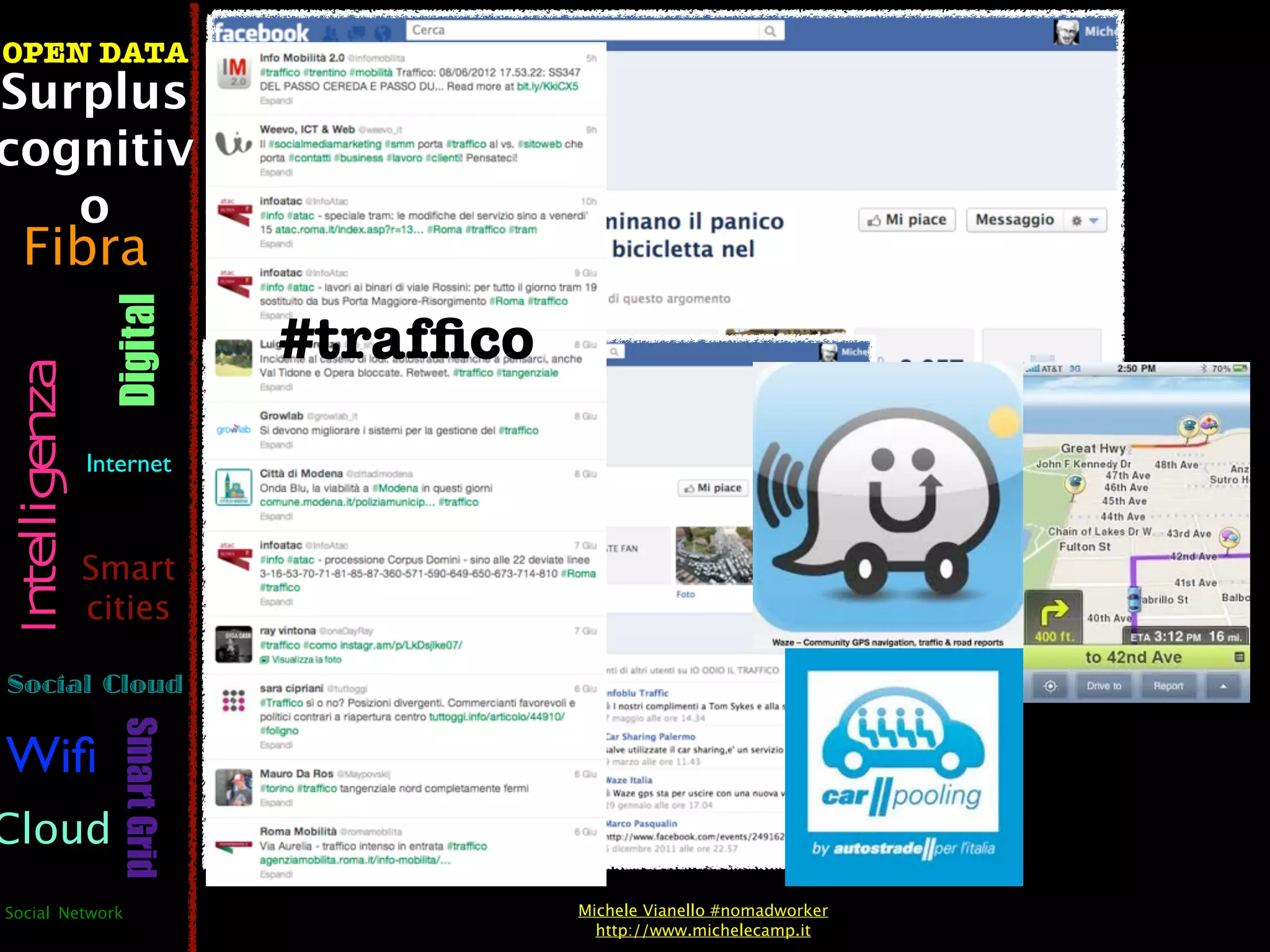OPEN DATA
Surplus
cognitiv
   o
  Fibra
                  Digital


                                #trafﬁco
 Intelligenza




                Internet



                Smart
                cities

Social Cloud
                   Smart Grid




Wiﬁ
Cloud
Social Network                             Michele Vianello #nomadworker
                                             http://www.michelecamp.it
 