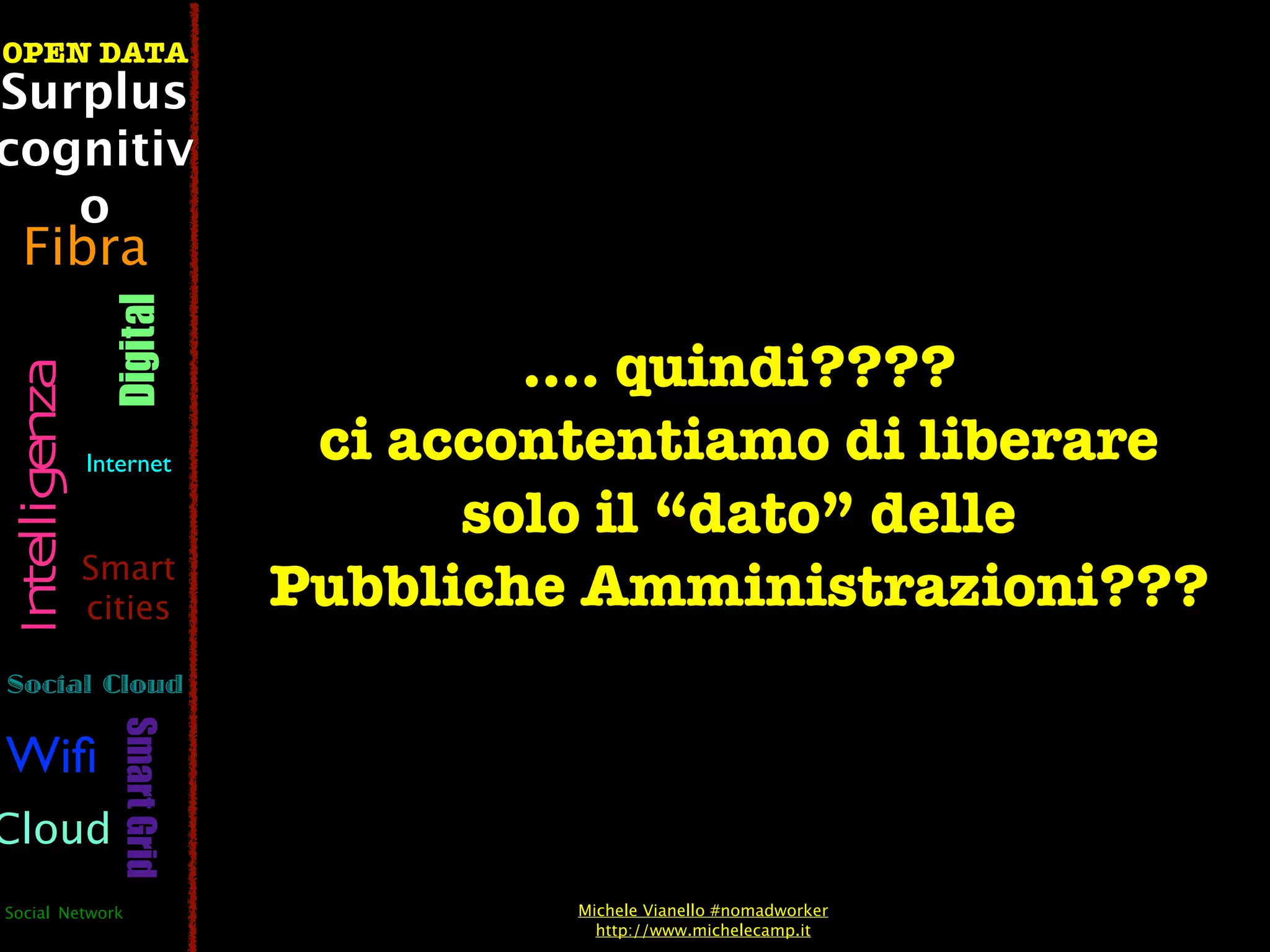 OPEN DATA
Surplus
cognitiv
   o
  Fibra
                  Digital



                                        .... quindi????
 Intelligenza




                Internet         ci accontentiamo di liberare
                                      solo il “dato” delle
                Smart
                cities          Pubbliche Amministrazioni???
Social Cloud
                   Smart Grid




Wiﬁ
Cloud
Social Network                           Michele Vianello #nomadworker
                                           http://www.michelecamp.it
 