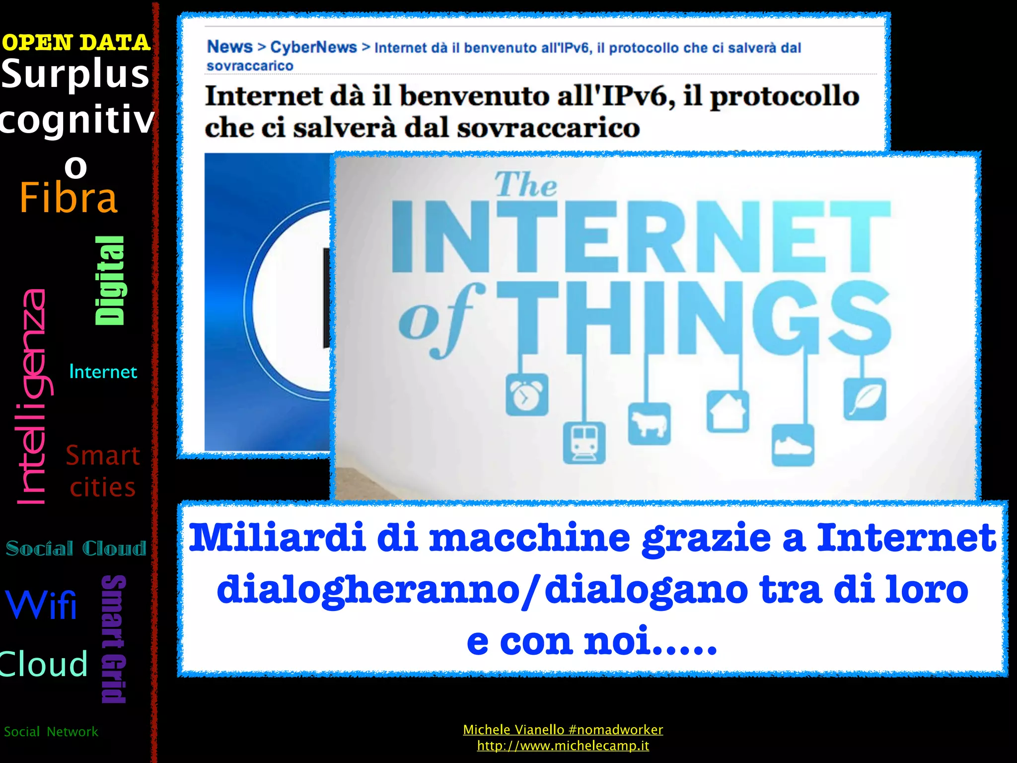 OPEN DATA
Surplus
cognitiv
   o
  Fibra
                  Digital
 Intelligenza




                Internet



                Smart
                cities

Social Cloud                    Miliardi di macchine grazie a Internet
                                 dialogheranno/dialogano tra di loro
                   Smart Grid




Wiﬁ
                                             e con noi.....
Cloud
Social Network                              Michele Vianello #nomadworker
                                              http://www.michelecamp.it
 