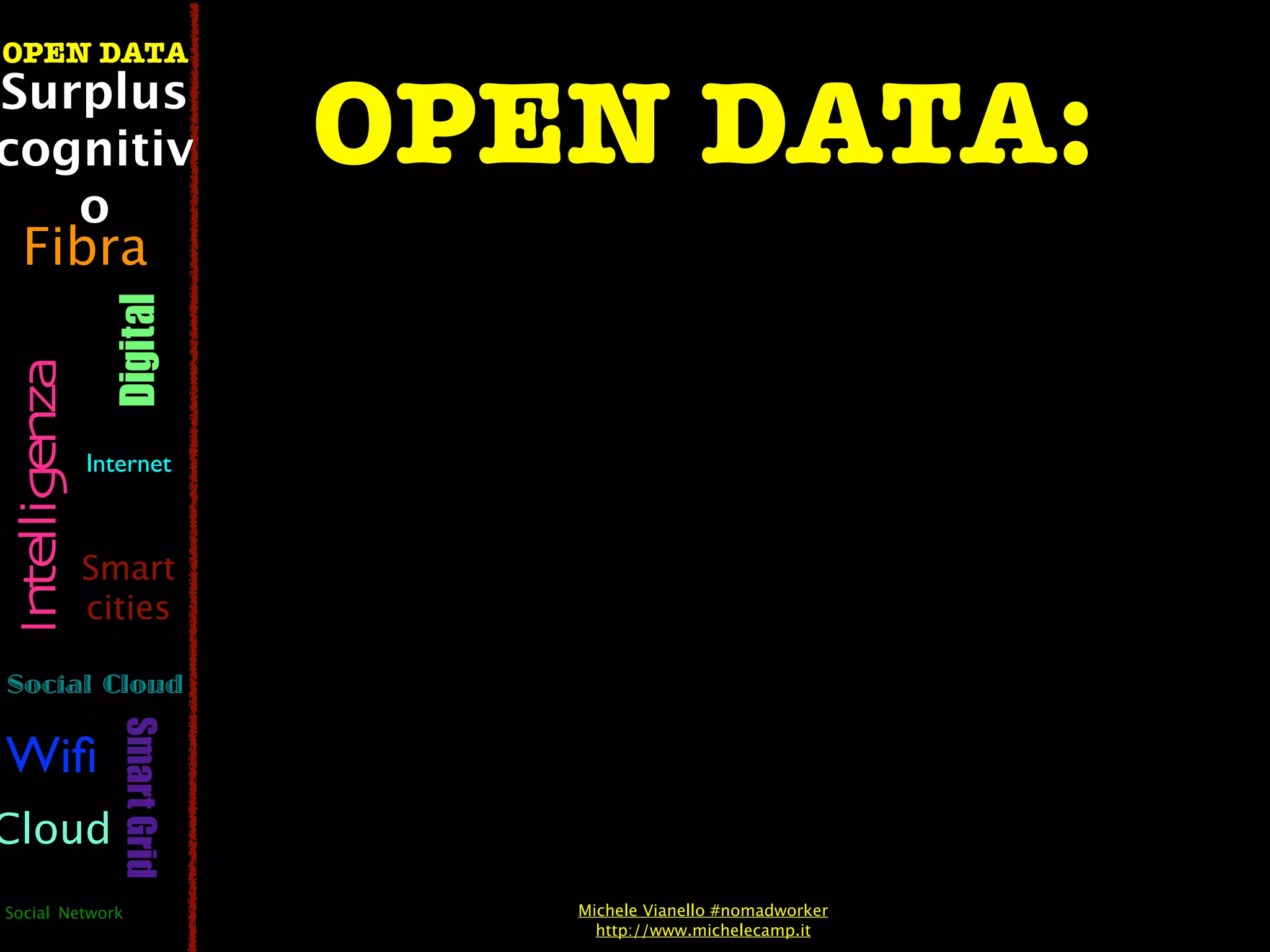 OPEN DATA
Surplus
cognitiv                        OPEN DATA:
   o
  Fibra
                  Digital
 Intelligenza




                Internet



                Smart
                cities

Social Cloud
                   Smart Grid




Wiﬁ
Cloud
Social Network                     Michele Vianello #nomadworker
                                     http://www.michelecamp.it
 