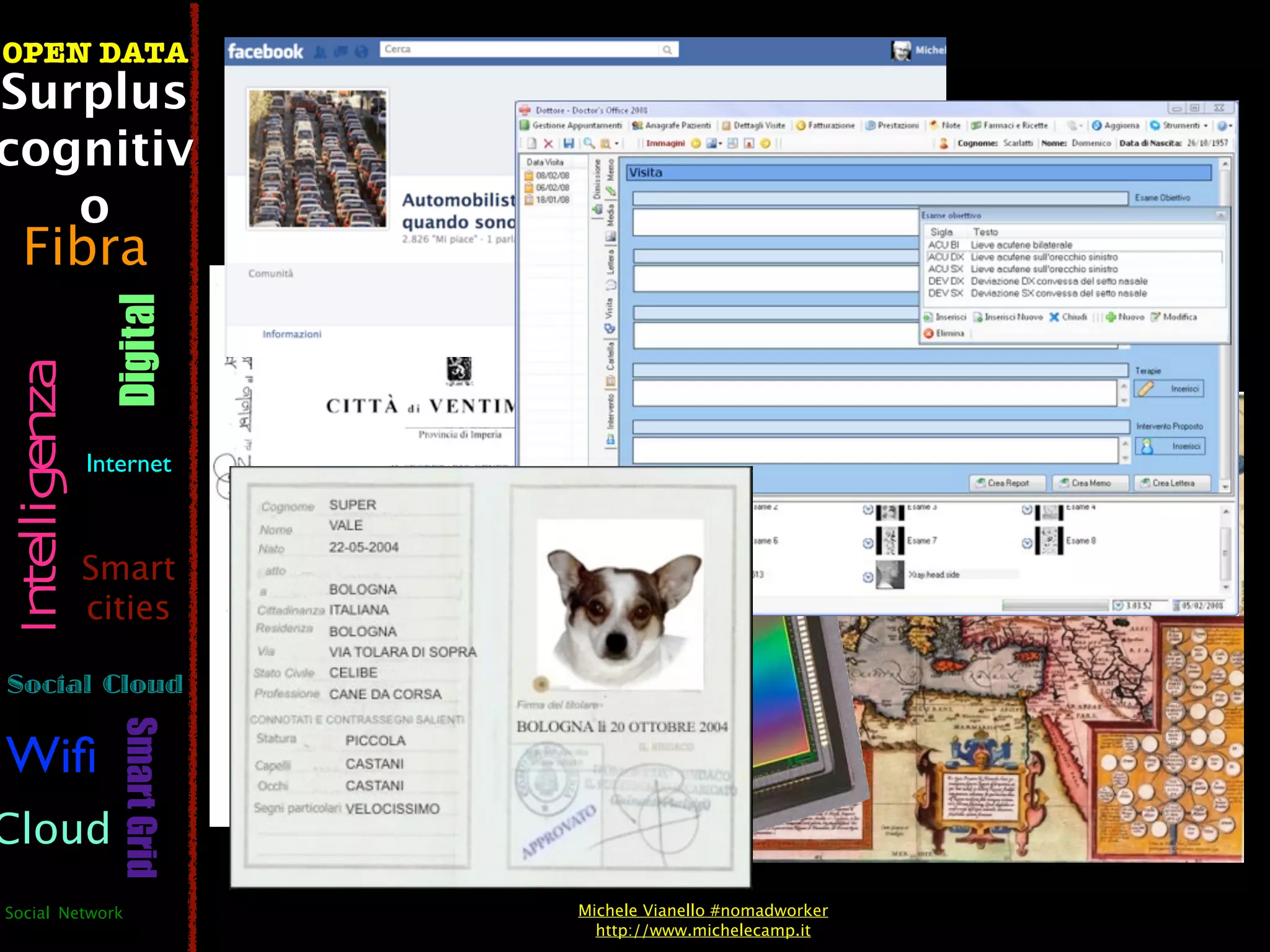 OPEN DATA
Surplus
cognitiv
   o
  Fibra
                  Digital
 Intelligenza




                Internet
                                              questo
                Smart                       sconosciuto
                cities

Social Cloud
                   Smart Grid




Wiﬁ
Cloud
Social Network                  Michele Vianello #nomadworker
                                  http://www.michelecamp.it
 
