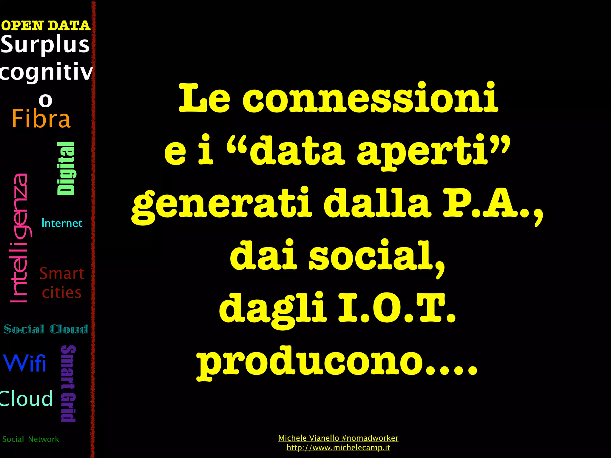 OPEN DATA
Surplus
cognitiv
   o
  Fibra
                                  Le connessioni
                                 e i “data aperti”
                  Digital
 Intelligenza




                Internet
                                generati dalla P.A.,
                Smart
                                     dai social,
                                    dagli I.O.T.
                cities

Social Cloud


                                   producono....
                   Smart Grid




Wiﬁ
Cloud
Social Network                         Michele Vianello #nomadworker
                                         http://www.michelecamp.it
 