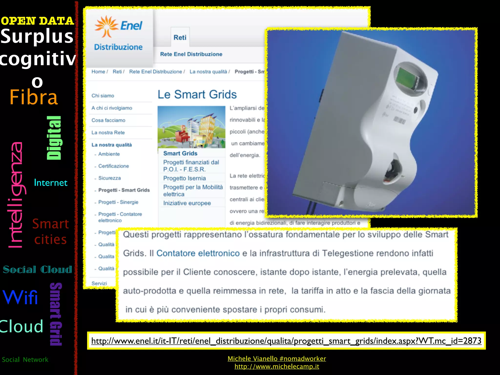 OPEN DATA
Surplus
cognitiv
   o
  Fibra
                  Digital
 Intelligenza




                Internet



                Smart
                cities

Social Cloud
                   Smart Grid




Wiﬁ
Cloud
                                http://www.enel.it/it-IT/reti/enel_distribuzione/qualita/progetti_smart_grids/index.aspx?WT.mc_id=2873
Social Network                                                     Michele Vianello #nomadworker
                                                                     http://www.michelecamp.it
 
