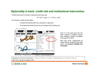 Back to the future 32
Forward prices are a function of spot price and repo rate:
Pf = [ Ps + ai(t) ] * ( 1 + r(T-t) ) - ai(T)
An increase in rates has the effect:
To lower the forward price via a reduction in spot price
To increase the forward price via an increase of the funding cost
Optionality is back: credit risk and institutional intervention
Even if in the short term the two
rates respond to different forces,
they showed a positive correlation
in the past R^=0.43%.
With repo stuck, independent by
market forces correlation has gone
down, and forward volatility has
increased*.
222
),()()(),()()(2)()()()()( yxCovyVxVyxCovyExExEyVyExVxyVar ++++=Application to Pf formula of the following
With Cov(X,Y) going from negative to zero
 