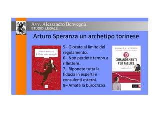 Arturo Speranza un archetipo torinese
5– Giocate al limite del
regolamento.
6– Non perdete tempo a6– Non perdete tempo a
riflettere.
7– Riponete tutta la7– Riponete tutta la
fiducia in esperti e
consulenti esterni.consulenti esterni.
8– Amate la burocrazia.
 