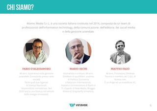 6
CHI SIAMO?
FABIO D’ALESSANDRO MARIO SECHI MATTEO FAGO
Atomic Media S.r.L. è una società italiana costituita nel 2014, composta da un team di
professionisti dell’information technology, della comunicazione, dell’editoria, dei social media
e della gestione aziendale.
40 anni. Esperienza nella gestione
aziendale. Consulente presso varie
società
fra le quali due Agenzie
di Stampa Nazionali.
Imprenditore immobiliare. Nel
2010 lancia una Startup nel settore
delle energie rinnovabili.
Giornalista e scrittore, 48 anni.
Direttore di quotidiani, analista
di Politica, Economia
e Relazioni Internazionali.
Autore e commentatore di Radio e
Tv. Esperto di New Media, Blogger.
Allievo di Singularity University.
48 anni, Fondatore, Direttore
Tecnico e membro del C.d.A. di
Venere.com.
È un Angel ed un investitore VC.
 